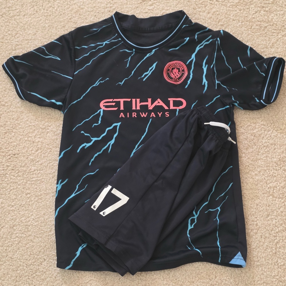 Manchester City Black Lightning Soccer Jersey Kids #17 Kevin De Bruyne